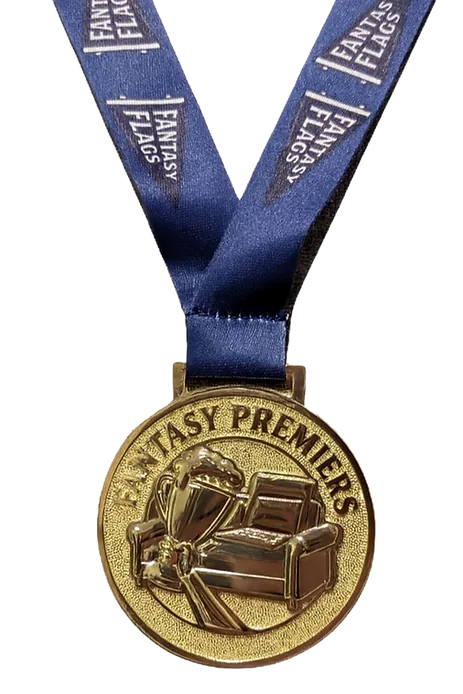 Fantasy Flags premiership medal with blue ribbon